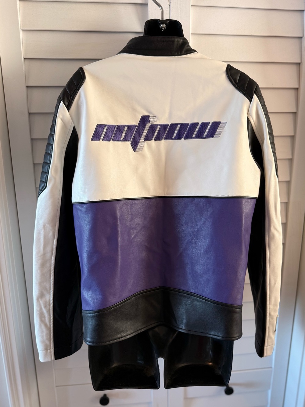 Bershka Faux Leather Racing Colour Block Moto Jacket Purple Y2K Size Medium M - Picture 9 of 17